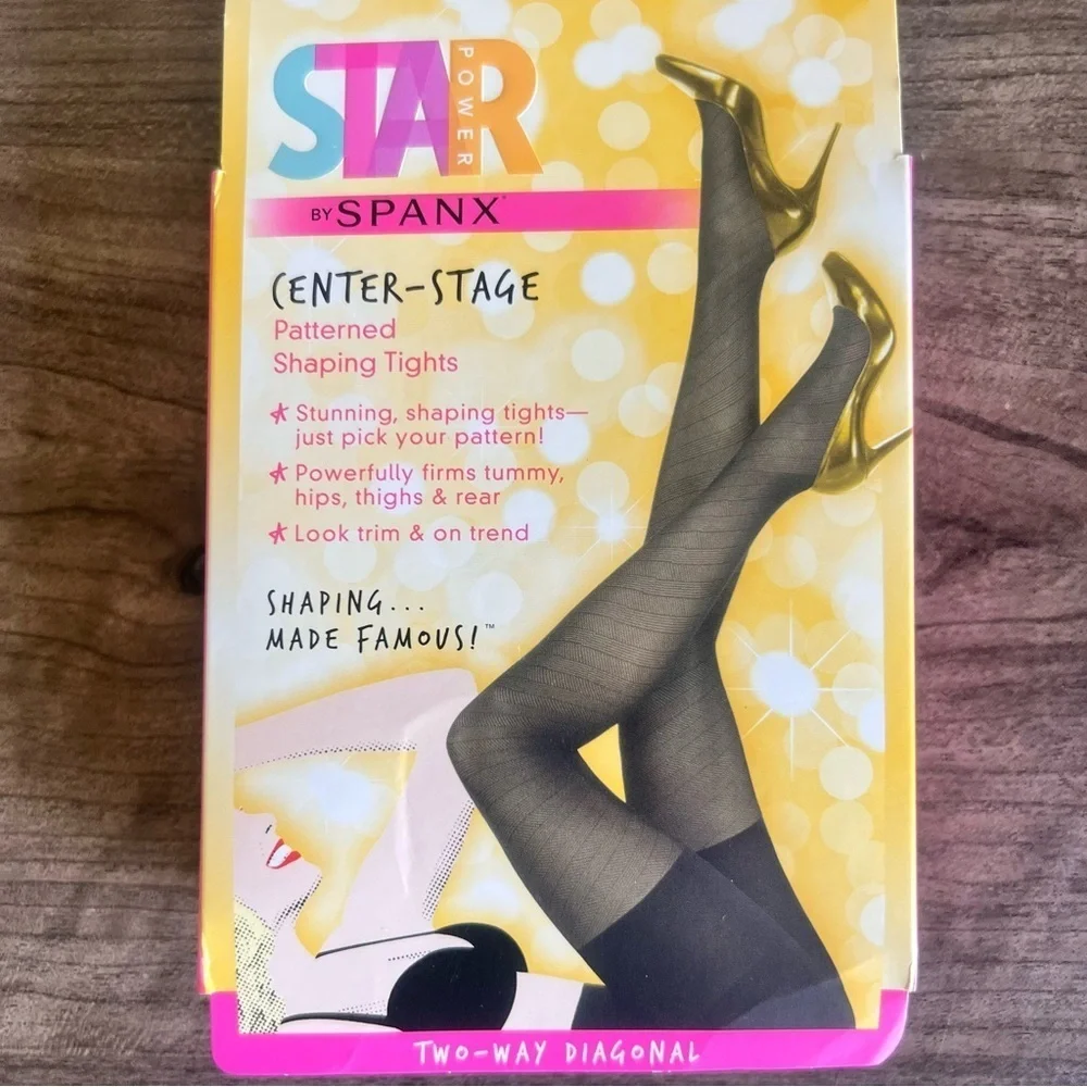 Star Power by SPANX Center Stage Patterned Shaping Two Way Diagonal Black Tights